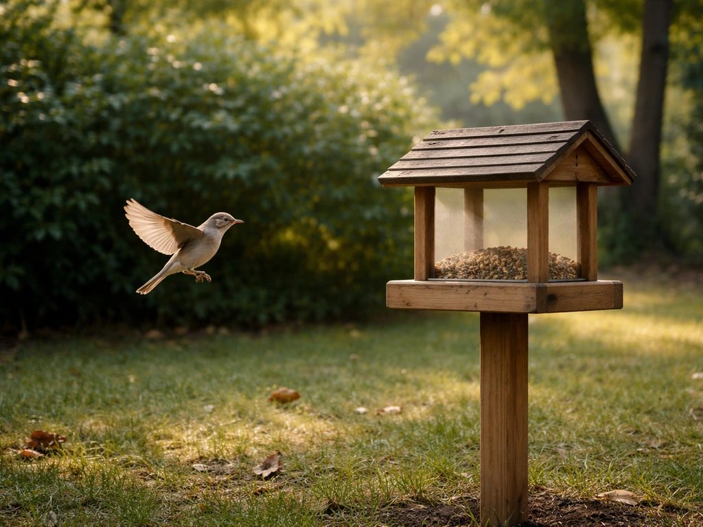 Wild songbird approaching a backyard feeder near shrubs, with natural cover and escape paths.