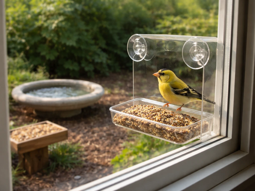 Small finch perched at a window-safe feeder beside a backyard seed and water station.
