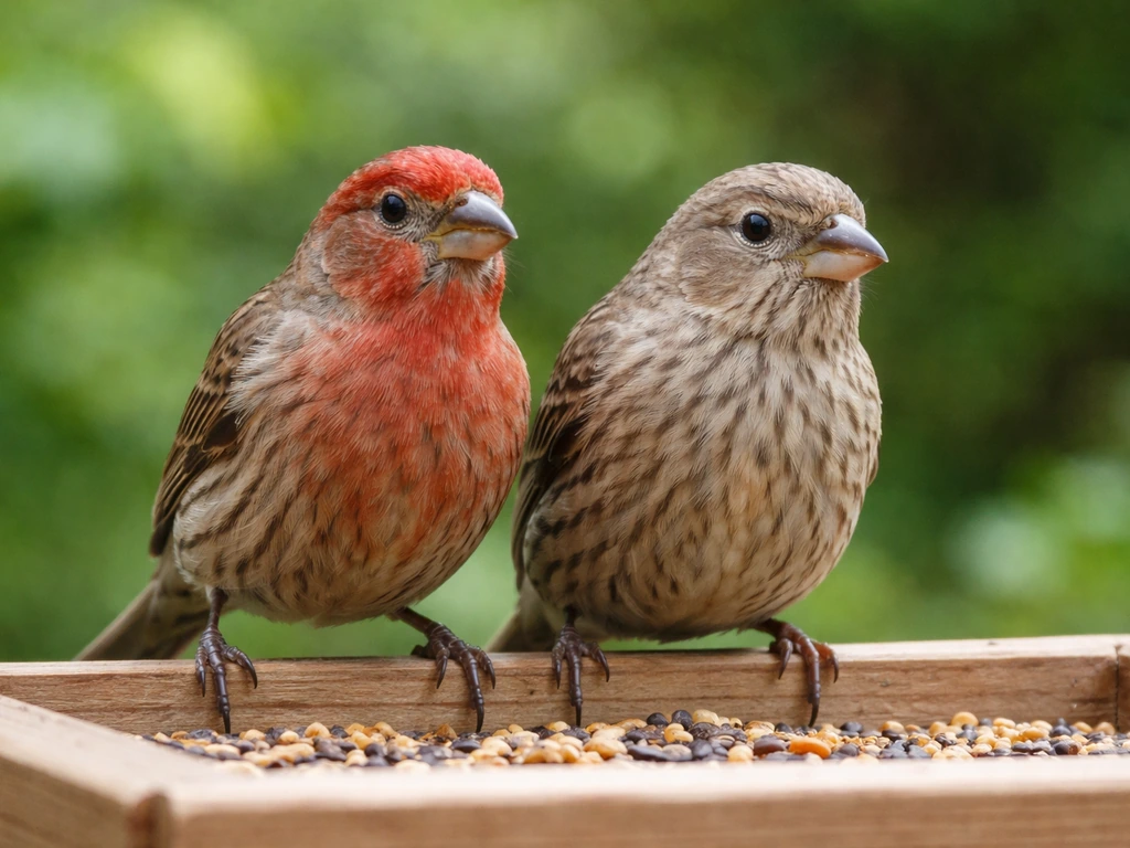 Two finch species perched on a wooden feeder, plumage differences visible against a simple green background.