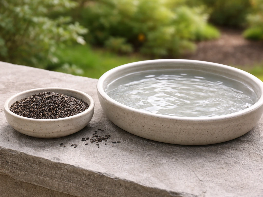 Nyjer thistle seeds beside a shallow birdbath with a few seeds visible on a patio ledge.