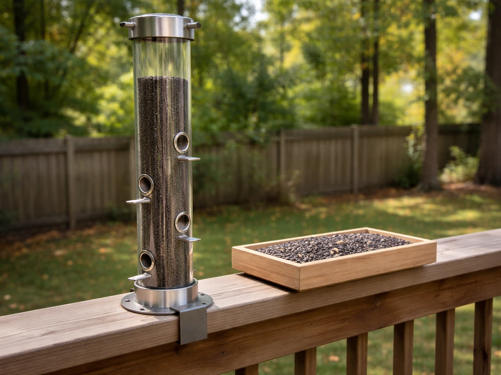 Small tube nyjer feeder with tiny ports mounted near a simple platform feeder on a backyard branch