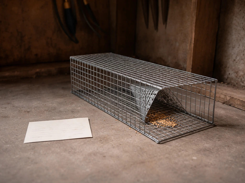 Tube/funnel bird trap with seed bait in a quiet shed corner, and a simple warning sign nearby