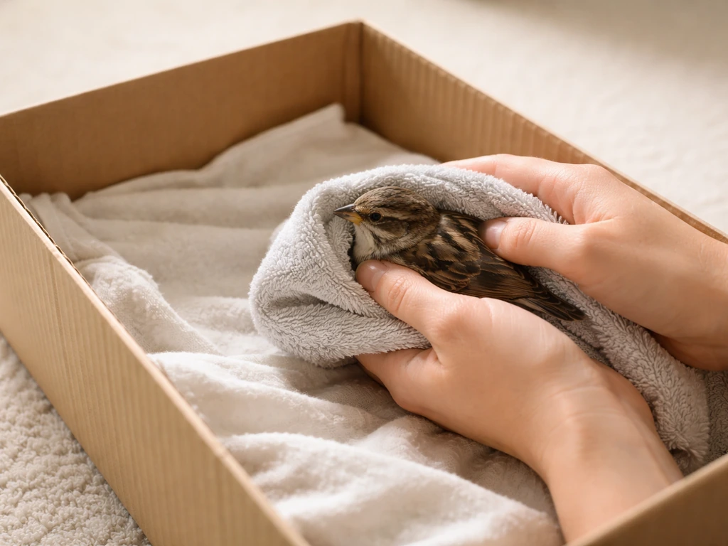 Hand gently supporting a small bird with a soft towel inside a lined cardboard box