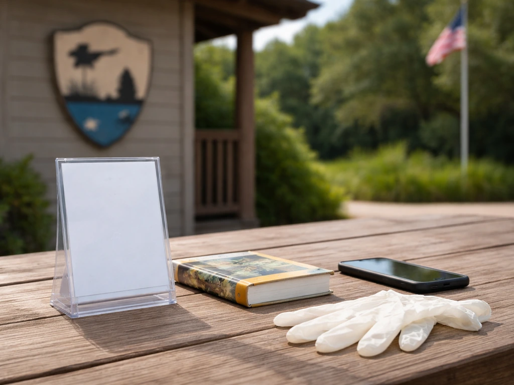 Gloves and wildlife information materials on a porch table with a blurred wildlife center sign backdrop.