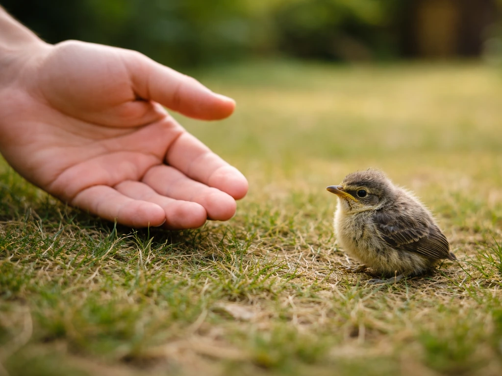 An adult’s open hand lowers calmly to a grounded pet bird fledgling on grass.