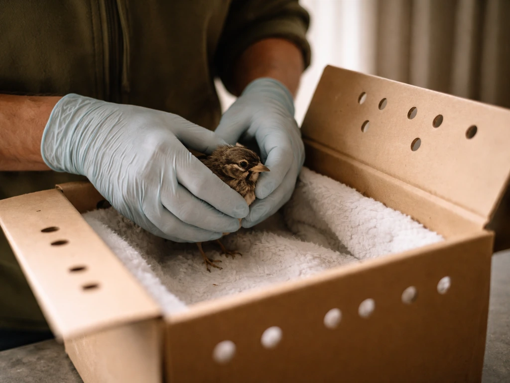 Gloved handler gently placing a wild bird into a ventilated, lined containment box in dim light.