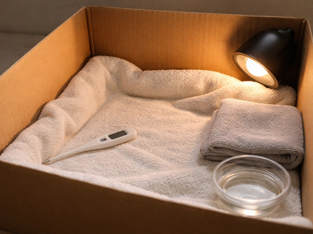Warm towel-lined box with a small thermometer and gentle stabilization items for an injured bird