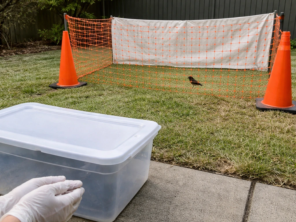 Orange cone and barrier cordon a small yard area while a container sits nearby for safe bird containment.