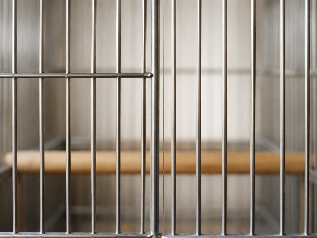 Close-up of an empty bird cage with two sections showing different safe bar spacings side by side.