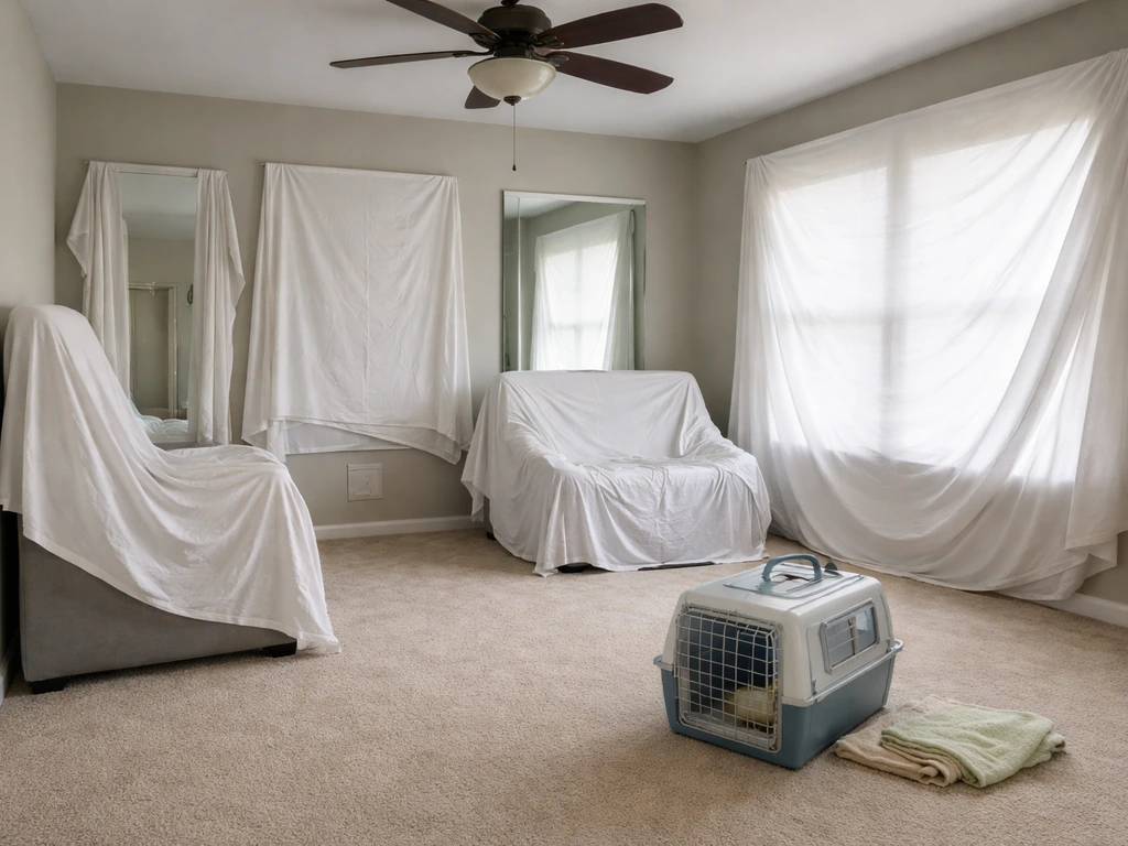 Staged bird transport cage beside covered mirrors and window, with ceiling fan/light off in a quiet room.