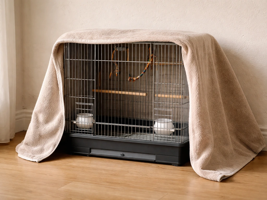 Birdcage with three sides covered by a towel, open side left accessible for a calm, safe space