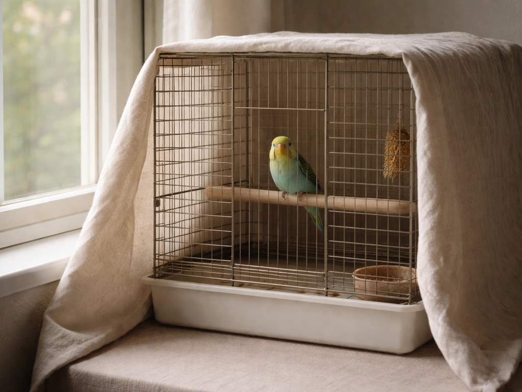 Small bird perched in a wire cage with the door closed and three sides covered with light cloth.