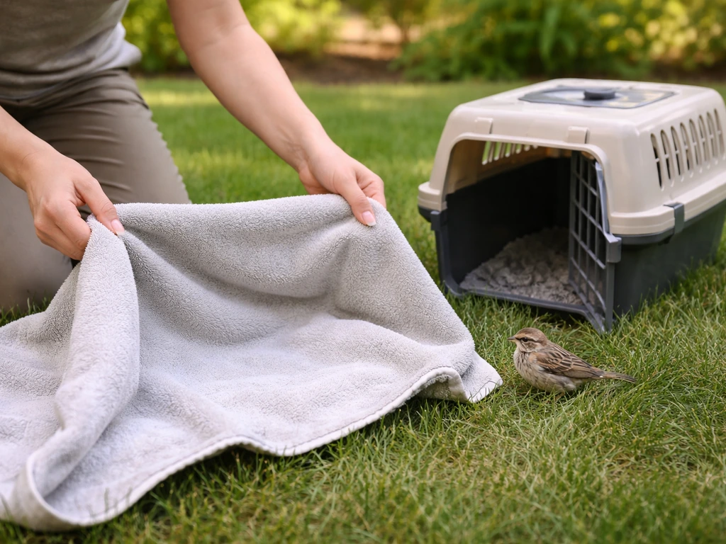 Anonymous hands holding a towel near an open air-hole carrier with a small bird safely contained.