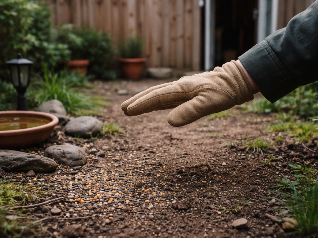 Gloved hand hovering near a fenced yard and open doorway, illustrating a safety check before touching any bird.