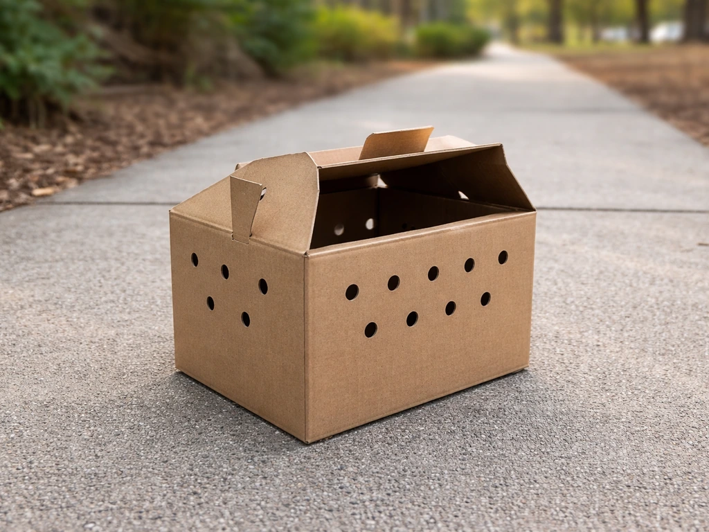 Humane pet carrier with air holes staged on the ground for safely approaching an injured bird.