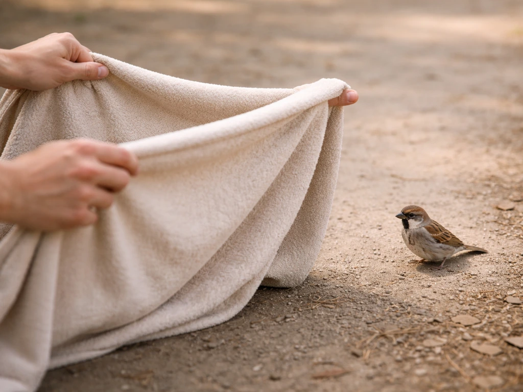 Anonymous hands holding an open towel like a soft wall as a small bird stands safely on the ground.