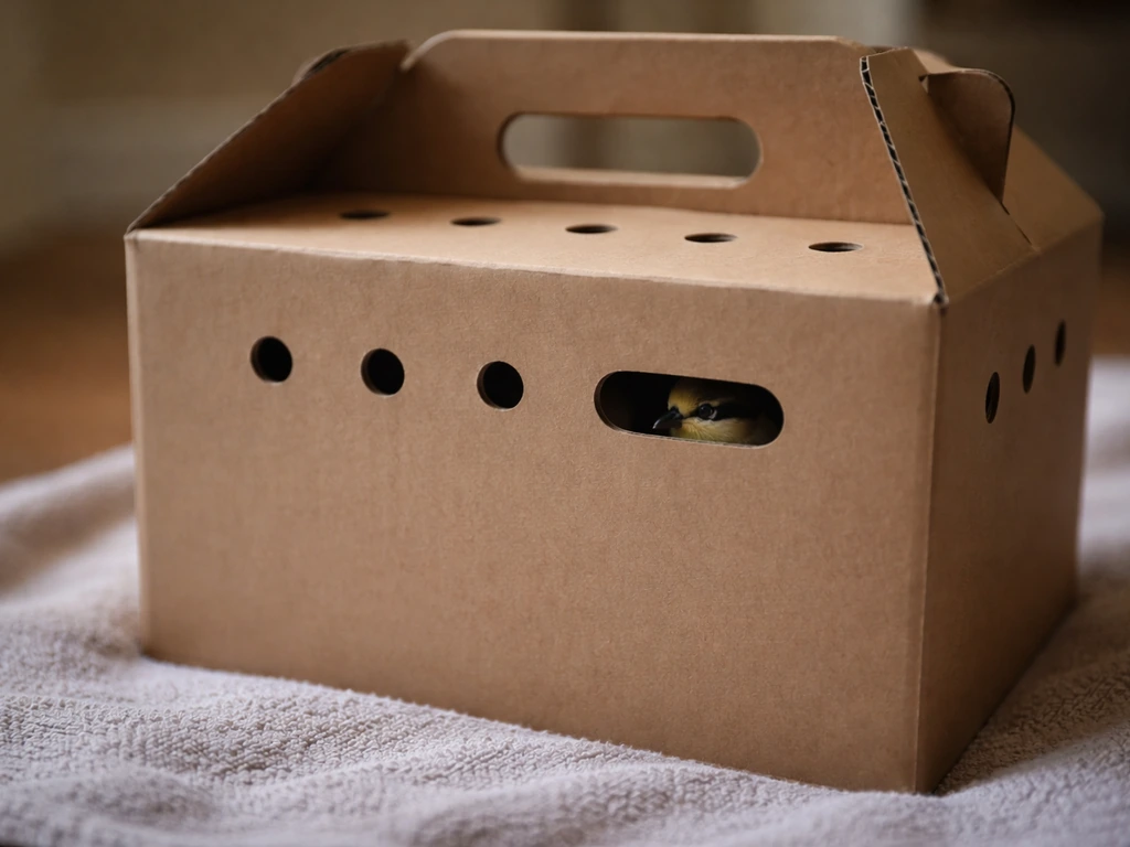 Small bird safely inside a closed cardboard carrier with visible ventilation on a calm, dim indoor floor.