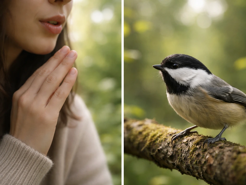 Person making a soft call as a small bird responds, both oriented toward each other in natural light.