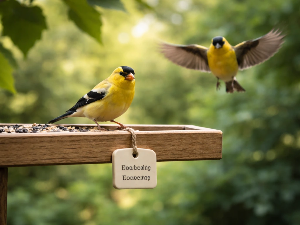 Finches at a backyard feeder, one perched and another approaching, with a small tag on the feeder.
