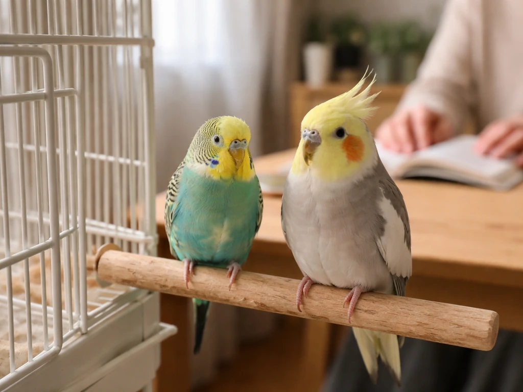 Budgie and cockatiel calmly perched near open cages while a caregiver reads nearby, showing quiet presence.