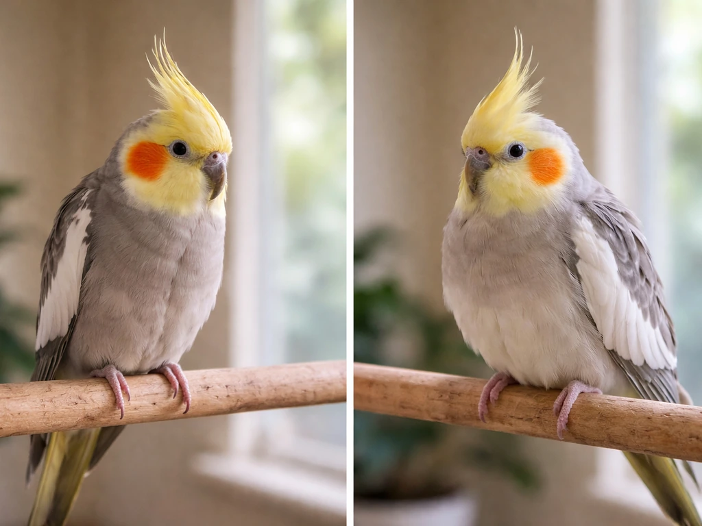 Split-view style photo showing a bird with sleek fearful feathers versus relaxed fluffed posture.