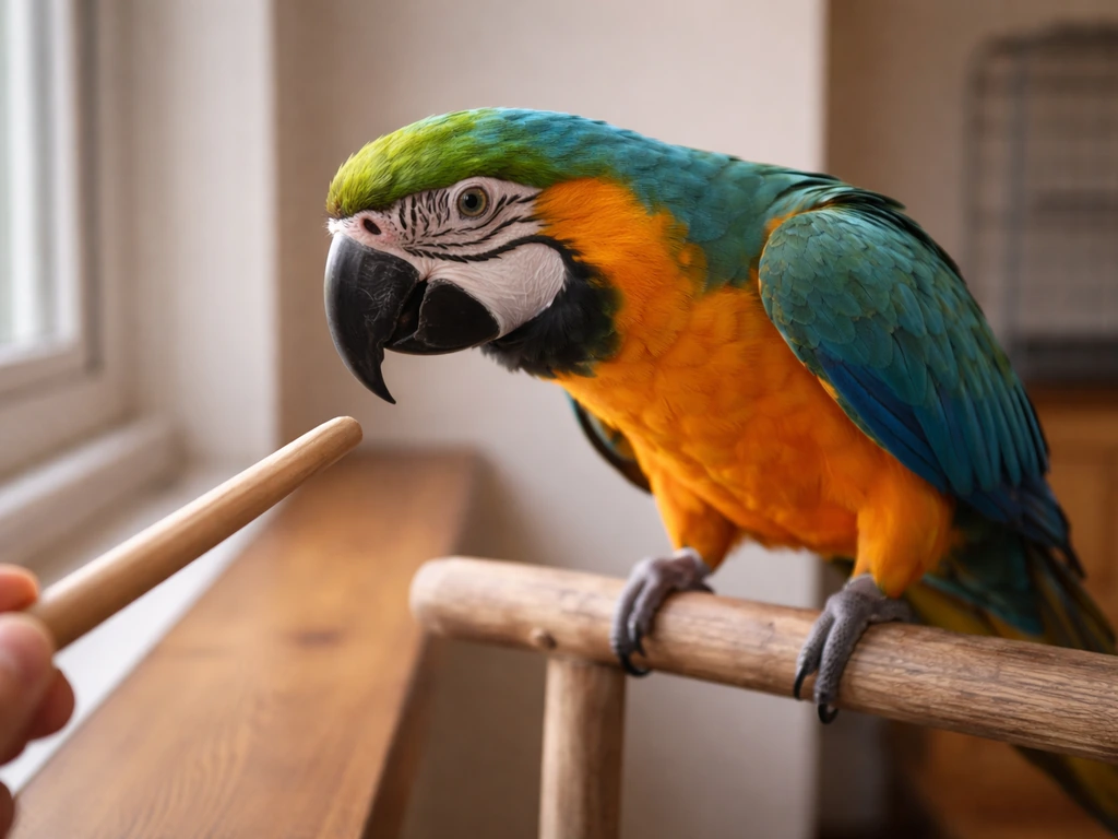 A medium-sized parrot calmly steps toward a gently held perch stick inside a quiet home.