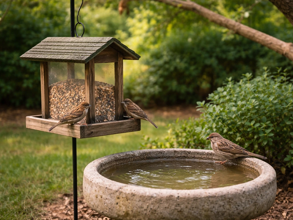 Sparrows at a backyard seed feeder and bird bath with nearby shrubs for cover