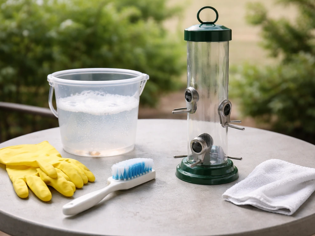 Cleaned bird feeder on a table with scrub brush, gloves, and a bucket of cleaning solution