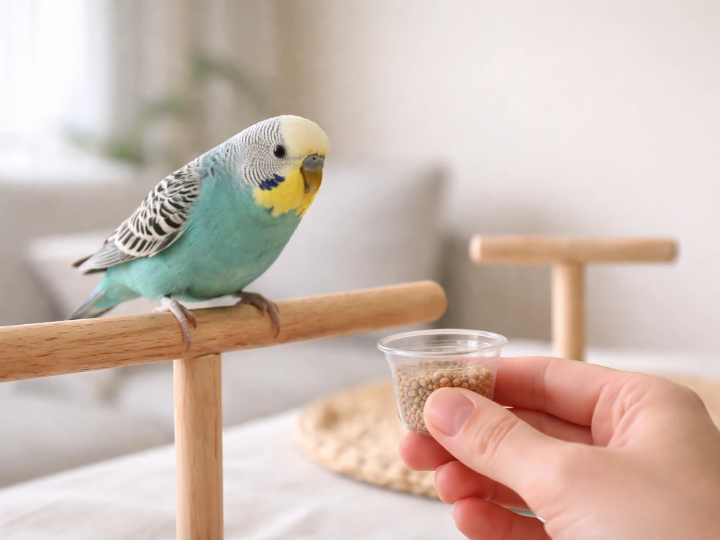 A budgie calmly perched near a hand-held treat cup in a bright, quiet living room training setup.