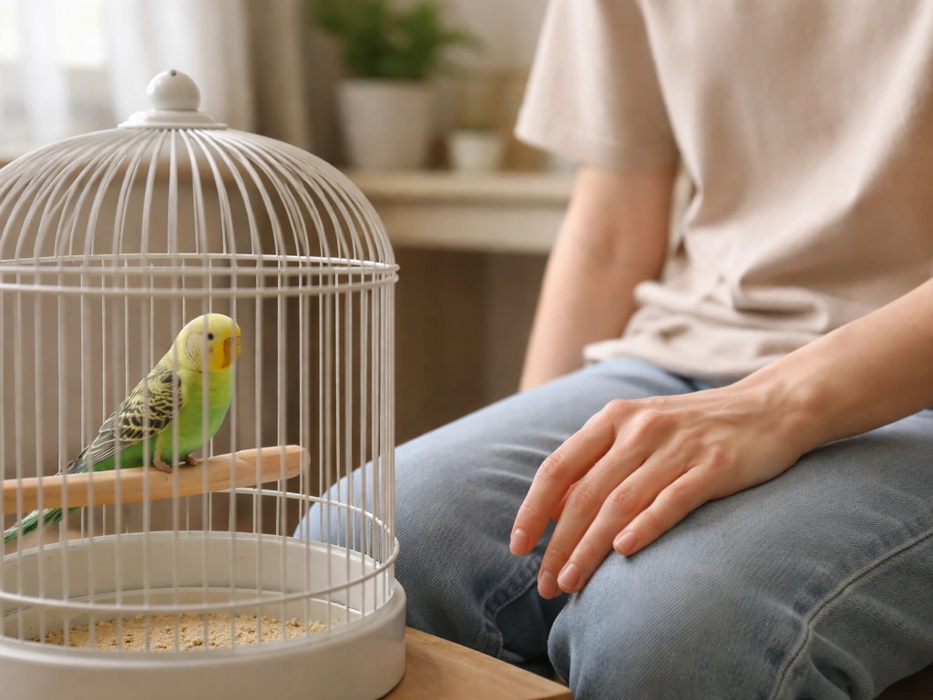 Person seated beside a bird cage with a calm, relaxed bird and a quiet, minimal background.