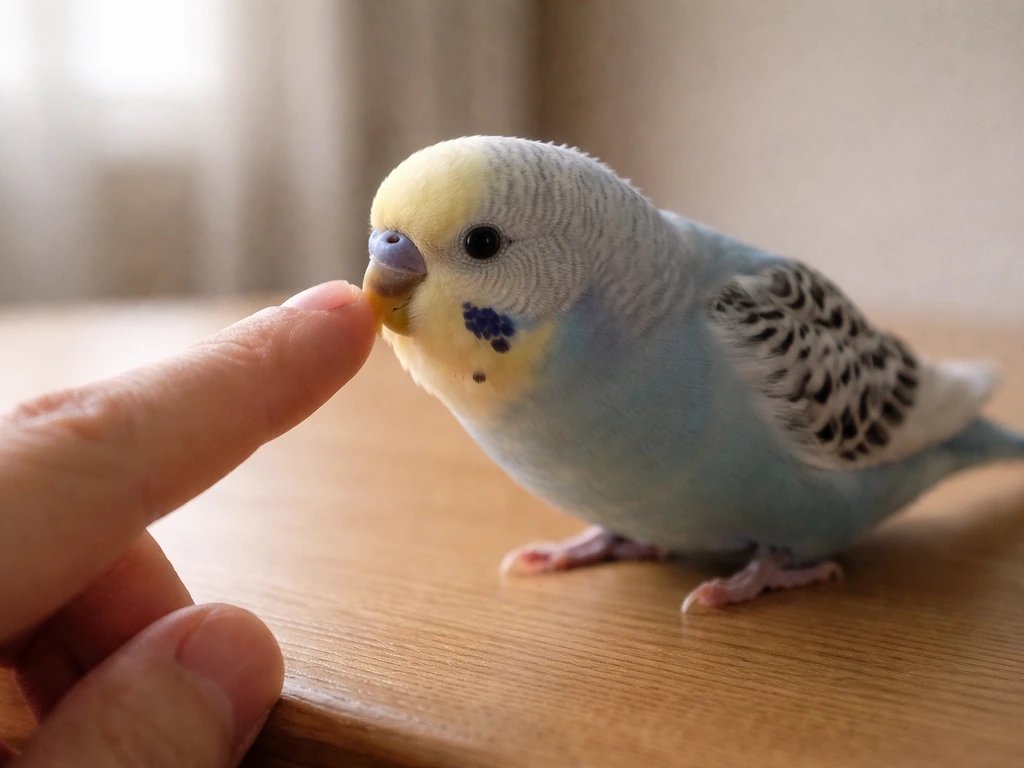 Close-up of a small pet bird gently touching a finger offered from below in a calm, non-threatening posture.
