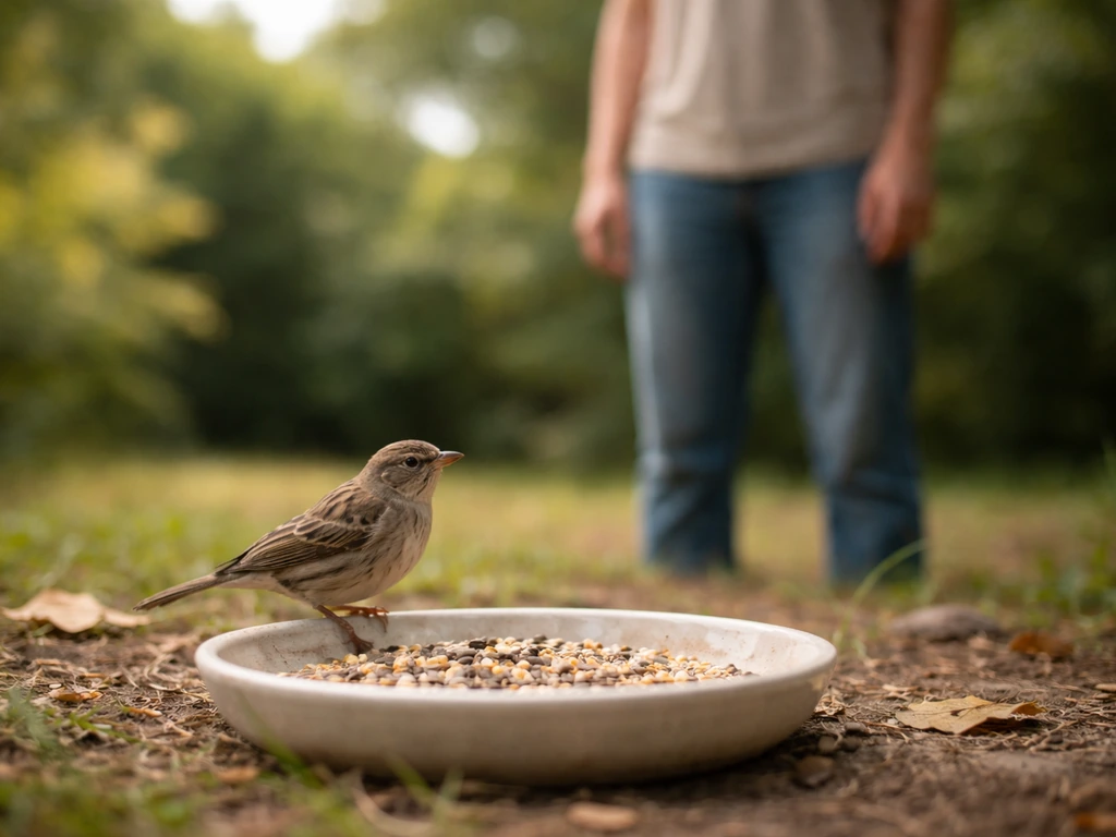 Wild bird perched by a seed dish while a calm person stands nearby without reaching.