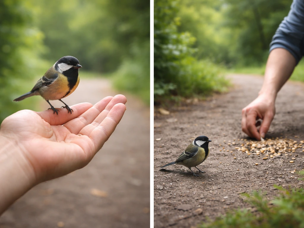 Side-by-side: an unsafe hand-petting scene vs a safe approach-at-distance feeding setup with a wild bird.
