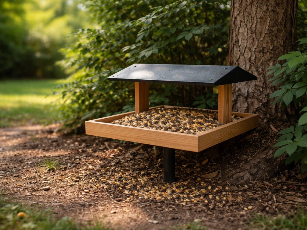Close-up of a clean bird feeder placed near shrubs and tree cover with calm, safe viewing distance.