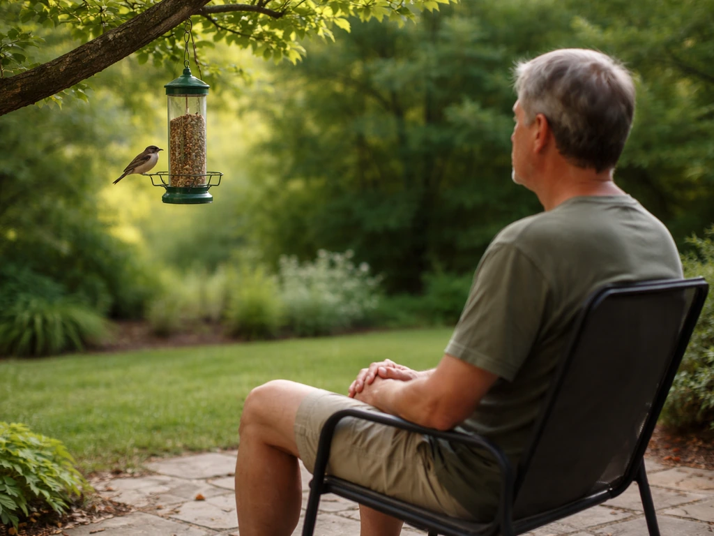 Person sitting quietly 10–15 feet from a bird feeder as a wild bird calmly feeds nearby