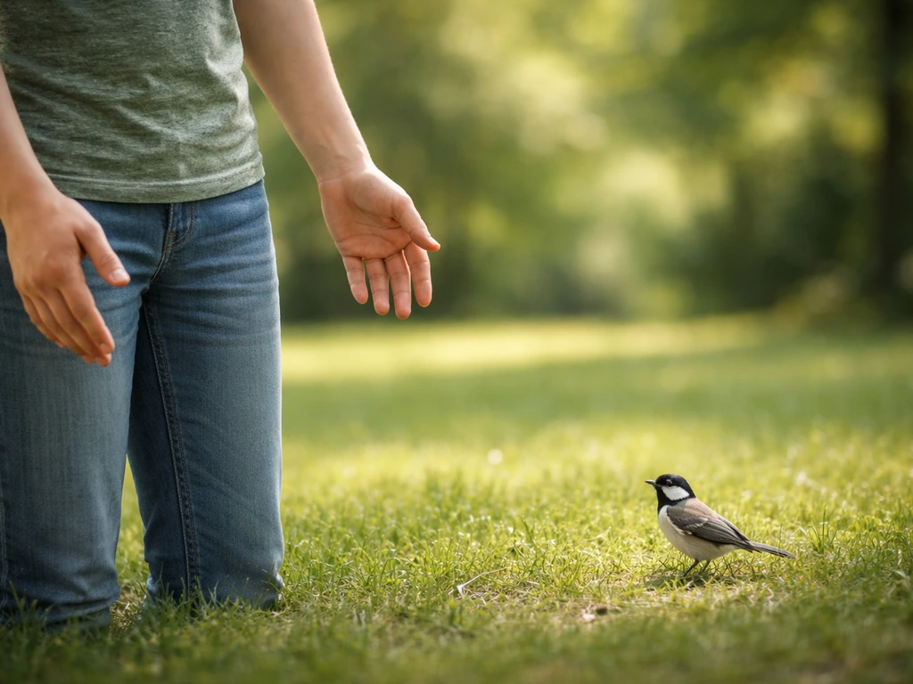 Calm wild bird near a person’s hands kept low and away, showing consent and not handling.