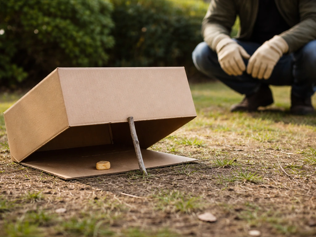 Cardboard box bird trap with open entrance flap on the ground, calm handler crouched at a distance.