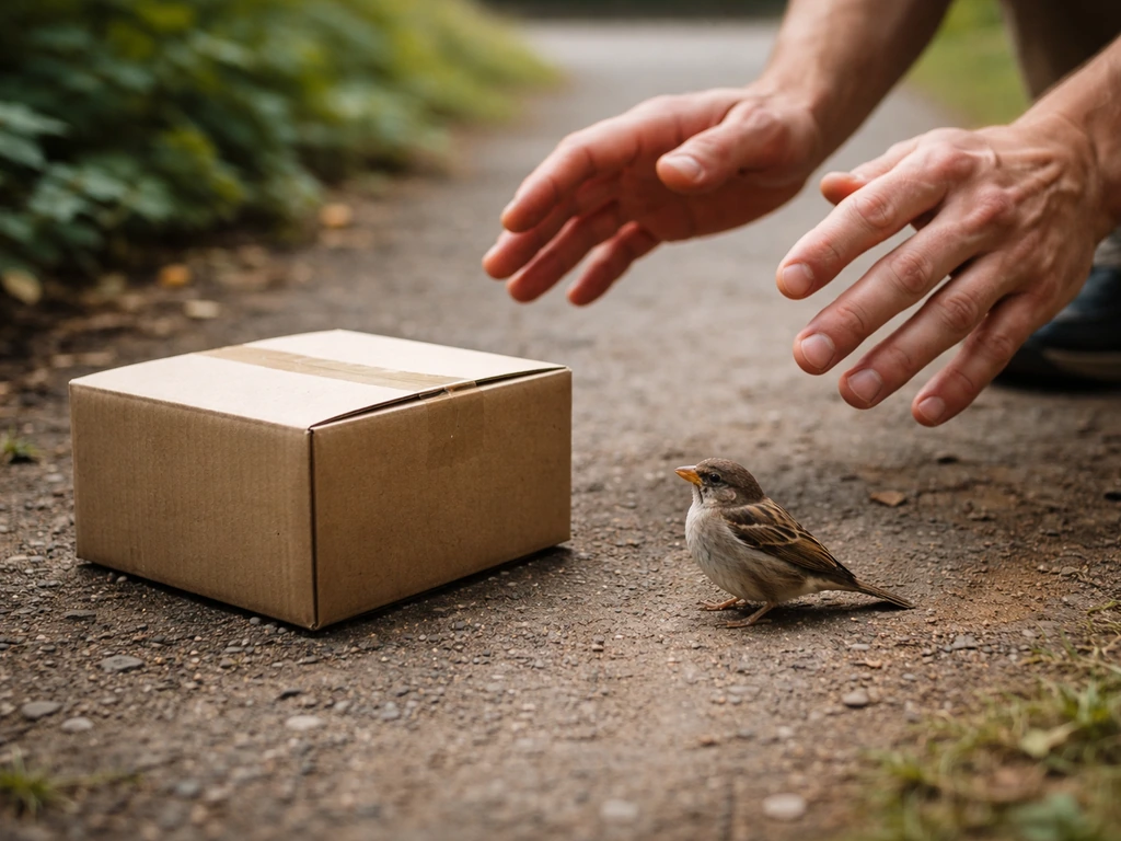 Small bird on the ground beside a cardboard box while hands hover nearby, suggesting a humane capture decision.