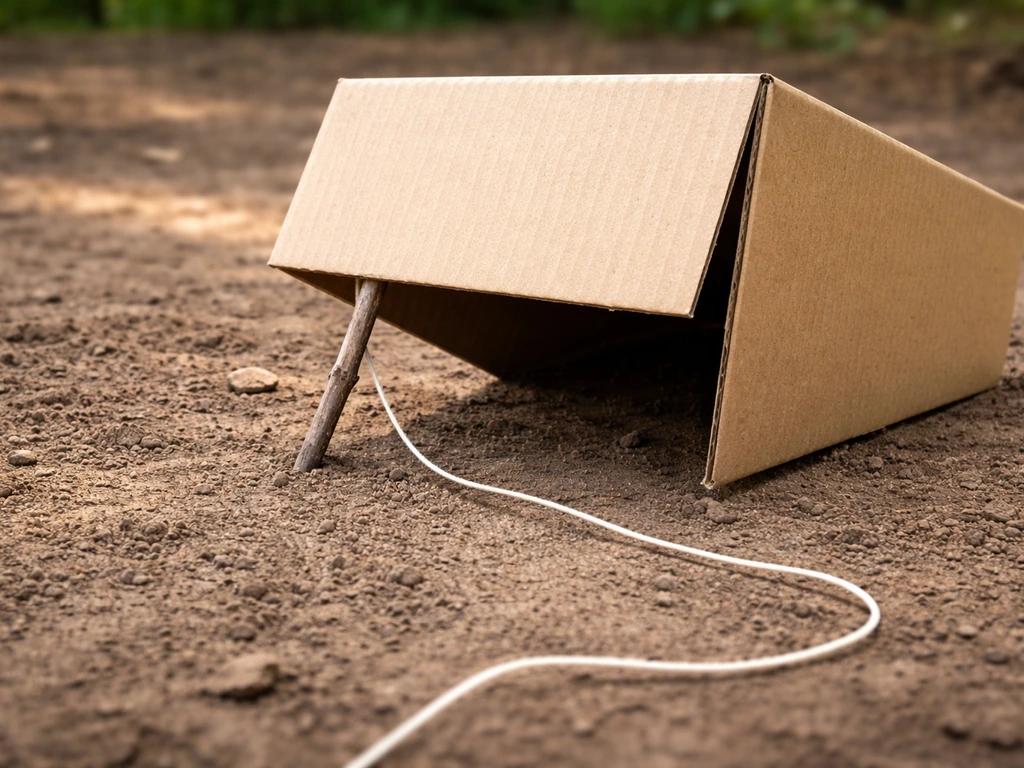 Cardboard trap box with a prop-and-pull flap, stick holding the opening and string positioned for gentle closure.