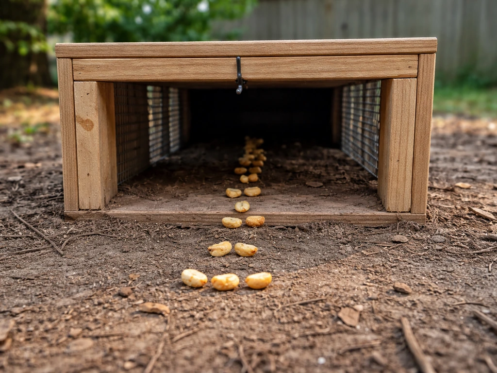 Wooden animal box with a bait trail outside, inside the entrance, and deeper within the box