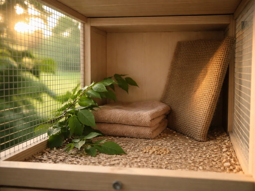 Open bird box with a leafy branch, burlap, and folded towel leaned inside for shelter at dawn light.