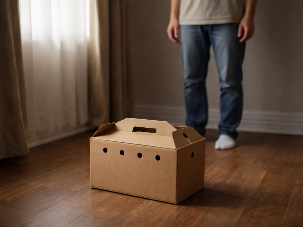 Closed cardboard pet carrier box in a dim quiet room while an anonymous person keeps distance.