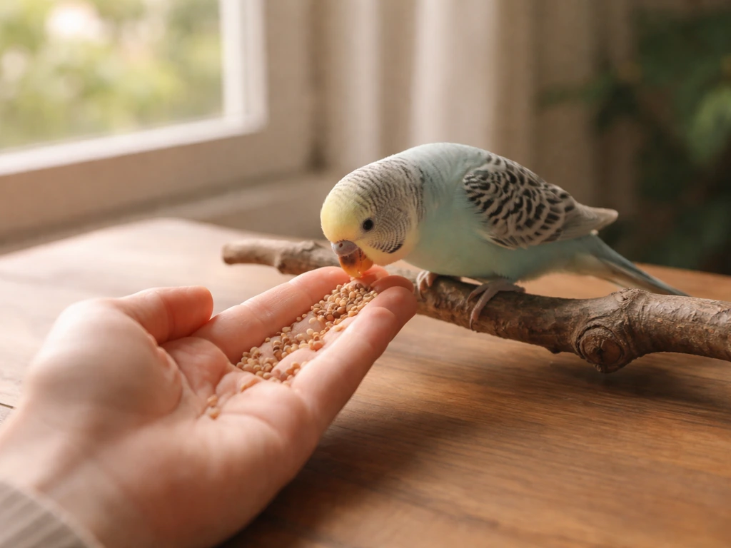 Three moments in one calm setup: pet bird relaxed near a person, gentle body language, and taking food from a hand.