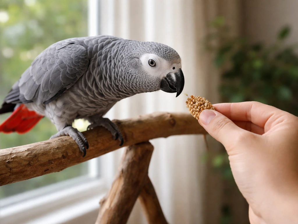 African grey parrot cautiously approaches a hand-held millet treat on a wooden perch.