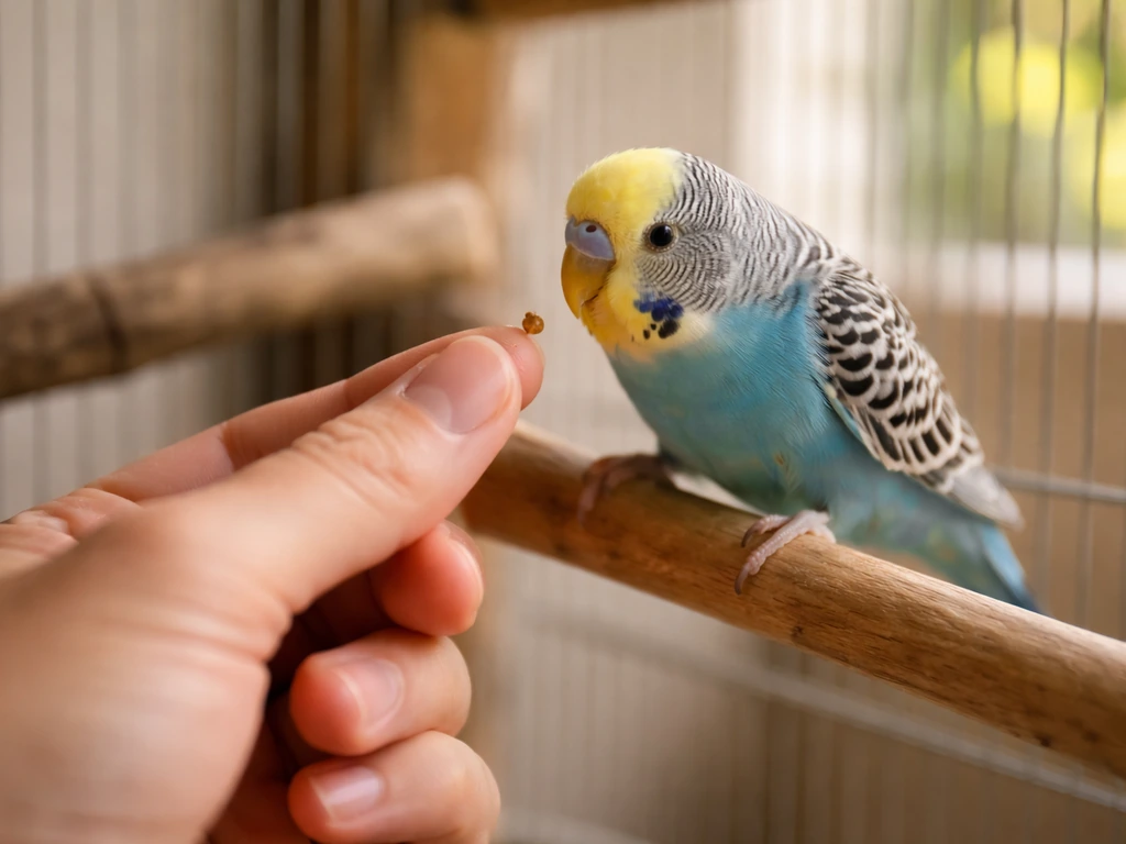 A small budgie hops from a perch onto a hand in a cozy, near-cage setting for a treat.