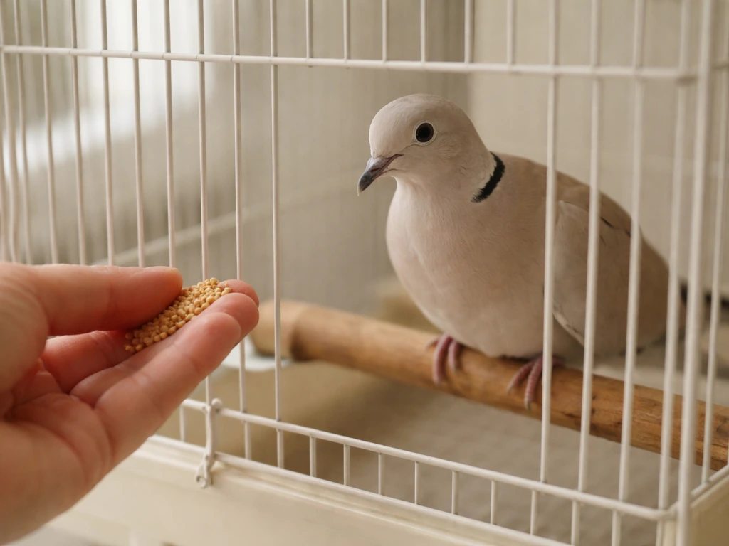 Hand offering millet near a calm pet ring-neck dove in a quiet cage setting