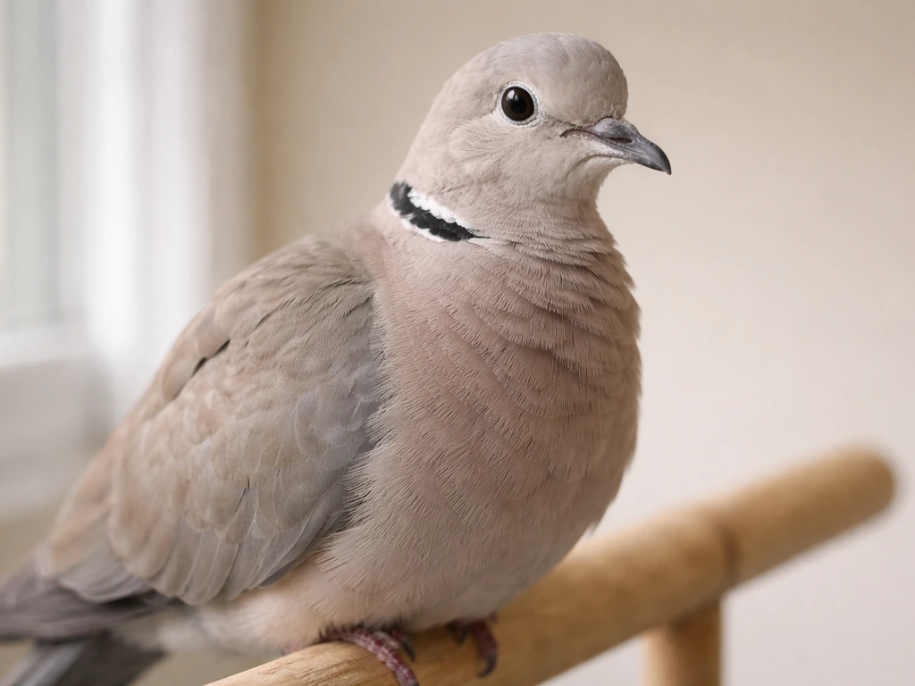 Close-up of a pet ring-neck dove perched calmly, showing its distinctive neck ring pattern.