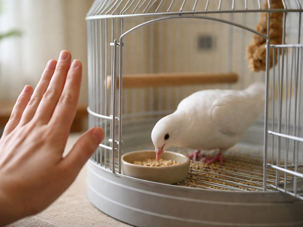 Caregiver’s hand kept outside a cage while a dove eats safely inside.