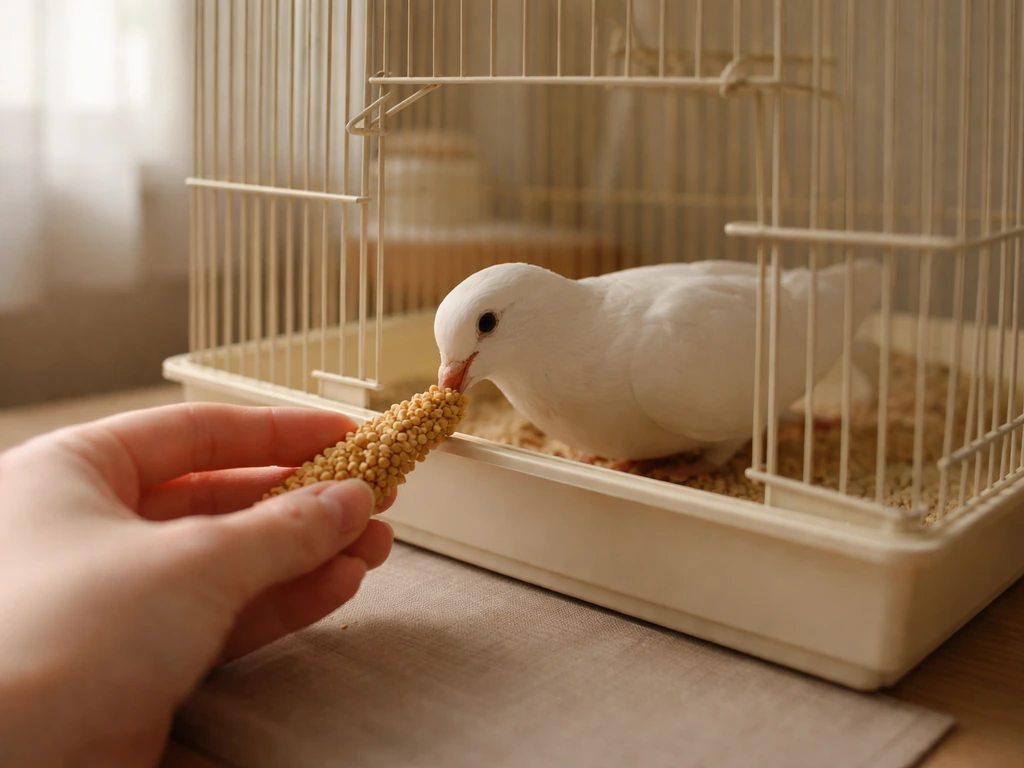A calm hand offers a millet stem near a small cage as a dove eats without sudden movement.