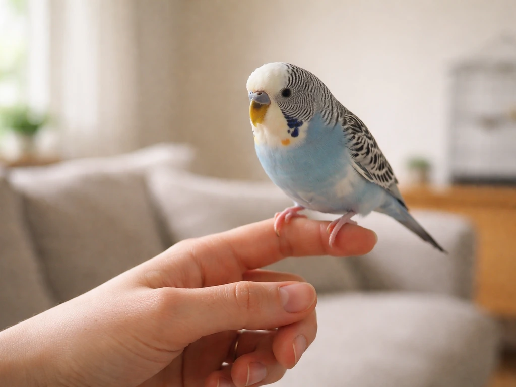 A small pet bird carefully steps onto a gently extended finger in a quiet, safe indoor room.